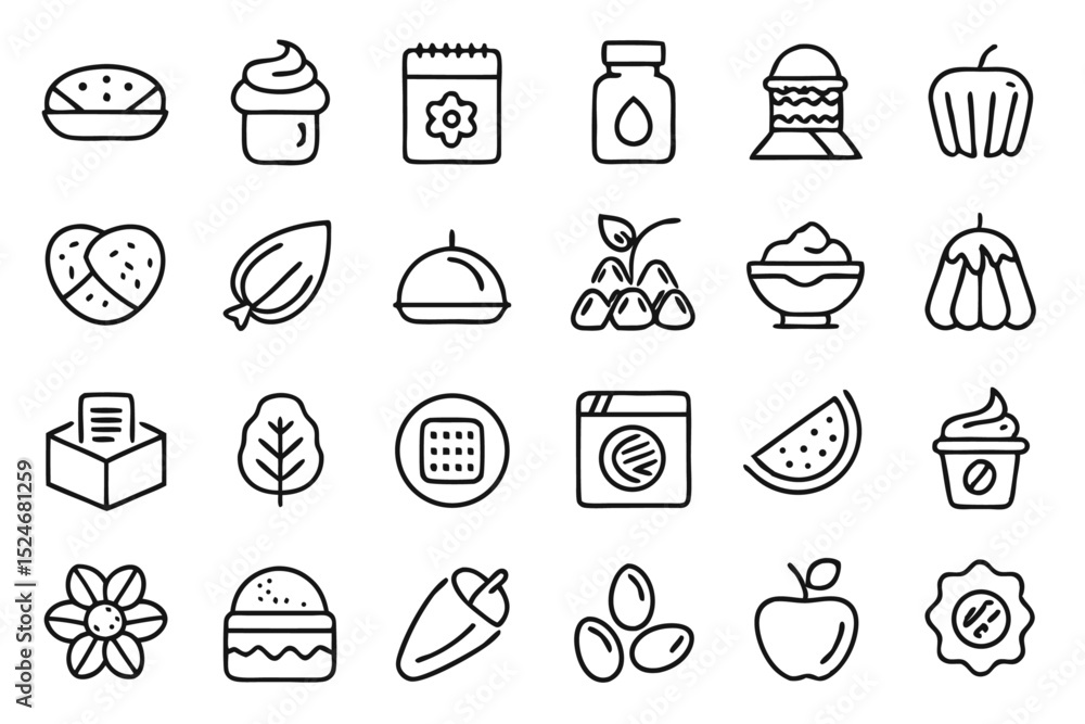 Poster collection of line icons depicting butter peanut hazelnut and coconut products isolated on transpare