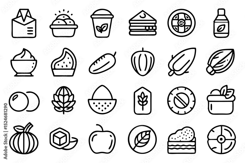 Poster a collection of line icons depicting butter peanut hazelnut and coconut products isolated on transpa