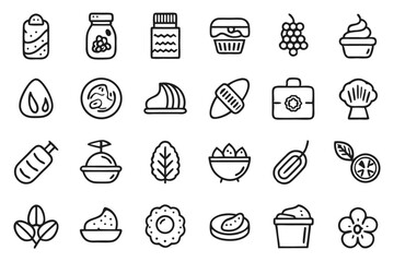 Collection of line icons depicting butter peanut hazelnut and coconut products isolated on transparent background