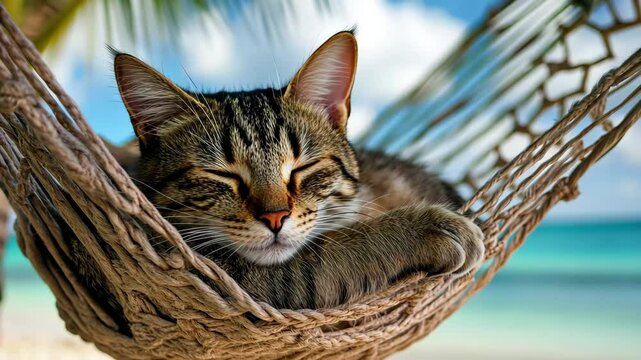 Tabby cat enjoys a peaceful nap in a hammock under a palm tree by the beach, A tabby cat naps peacefully in a hammock under a palm tree The ocean is visible in the background