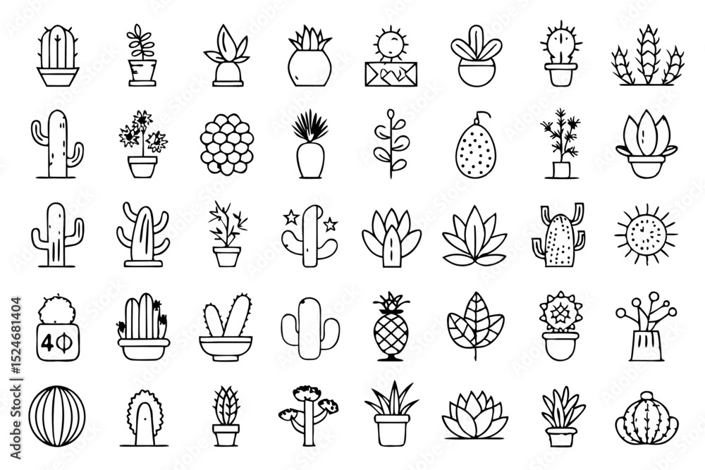 Poster collection of line icons depicting cactus aloe vera and botany elements isolated on transparent back