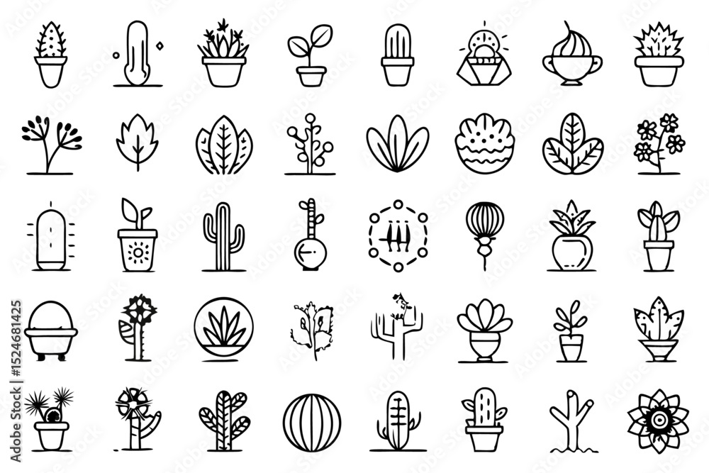Poster collection of line icons depicting cactus aloe vera and botany elements isolated on transparent back