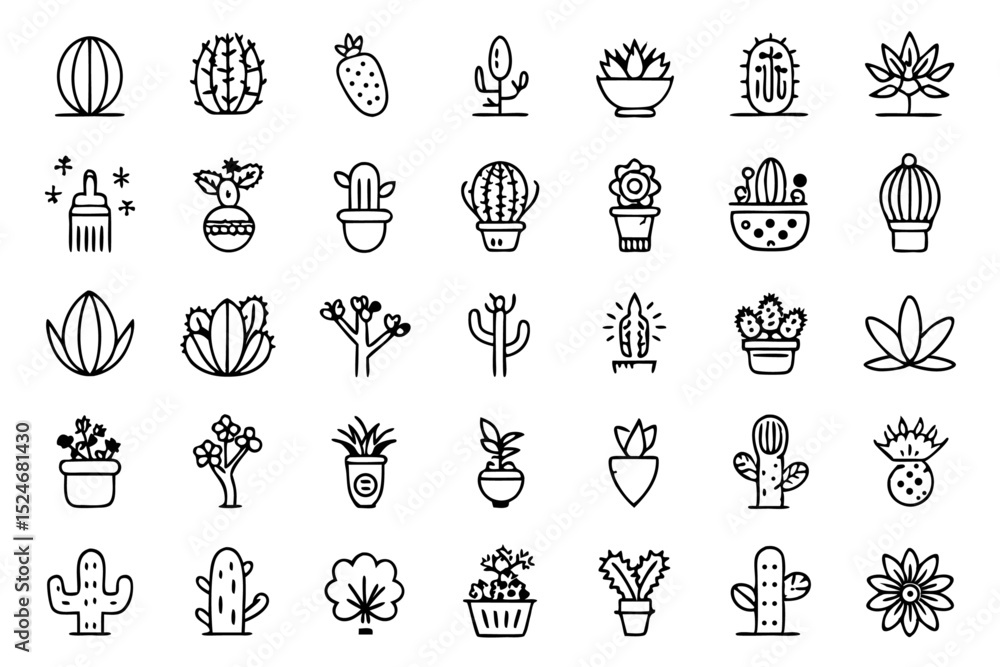 Poster collection of line icons depicting cactus aloe vera and botany elements isolated on transparent back