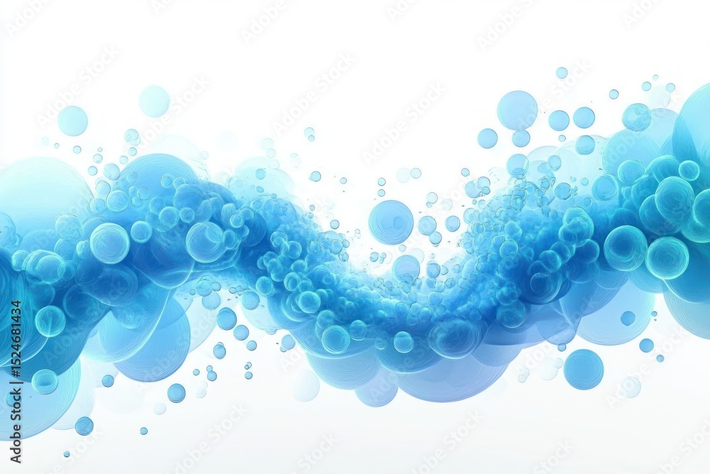 Poster abstract wave of numerous translucent blue bubbles floating dynamically against a bright white backg