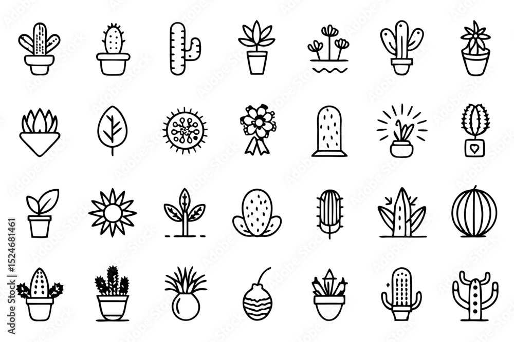 Poster collection of line icons depicting cactus aloe vera and botany elements isolated on transparent back