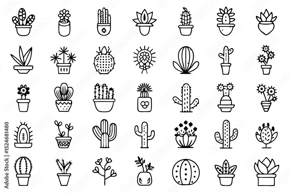 Poster collection of line icons depicting cactus aloe vera and botany elements isolated on transparent back