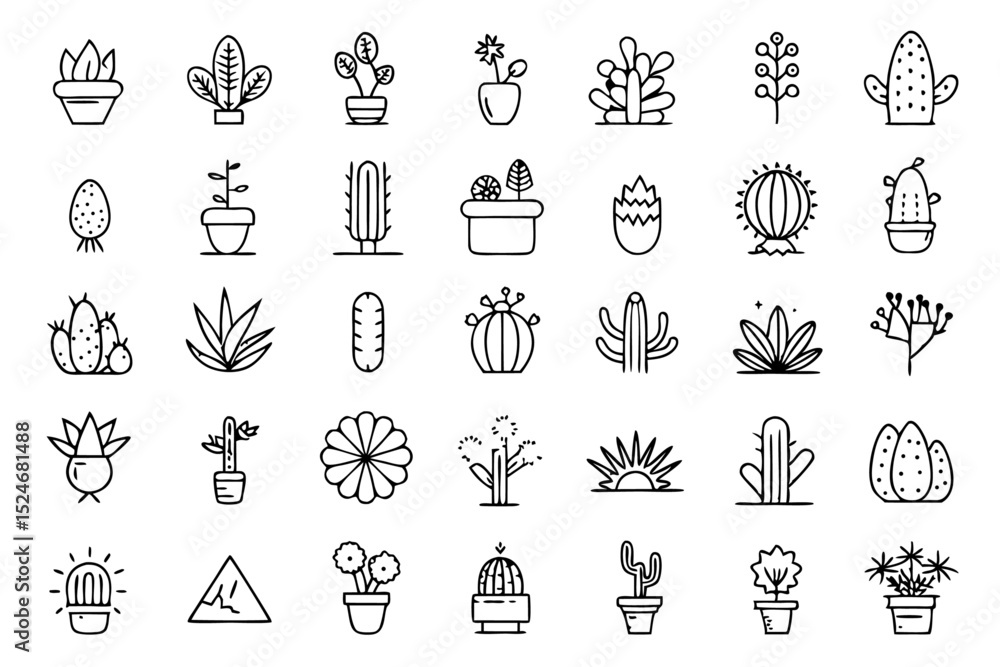 Poster collection of line icons depicting cactus aloe vera and botany elements isolated on transparent back