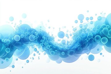 Abstract wave of numerous translucent blue bubbles floating dynamically against a bright white background, evoking a sense of fluidity and motion