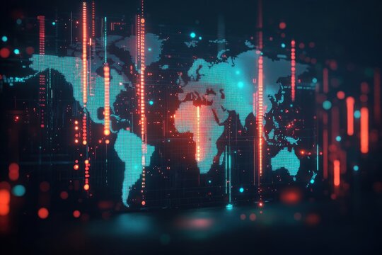 Digital world map with glowing red data streams and blue illuminated continents representing global information flow and technology connectivity