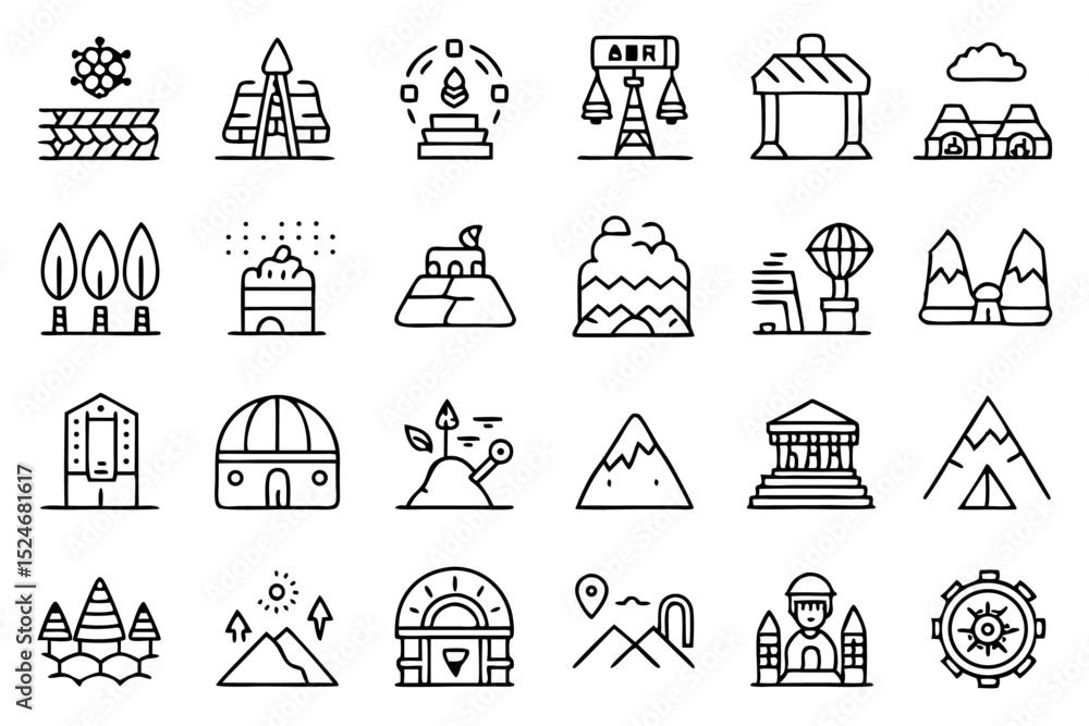 Poster collection of line icons depicting cave mine primitive ancient artifacts isolated on transparent bac