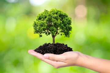 A hand gently holds a small mound of soil with a thriving green tree, set against a blurred green background, symbolizing growth, nature, and environmental care.