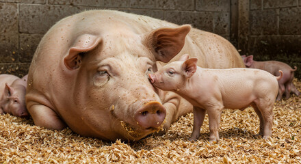 Piglet Kissing Mother Pig in Barn, Generative AI