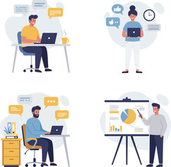 Funny cartoon people in an office setting working on computers with laptops, illustrating business concepts and job communication