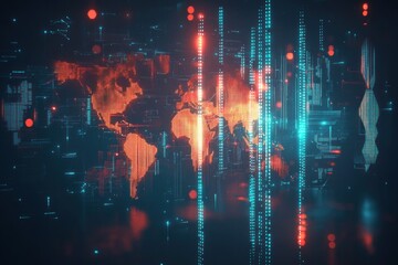 Digital futuristic world map illuminated with glowing red and blue data points and vertical light streams representing global connectivity and technology