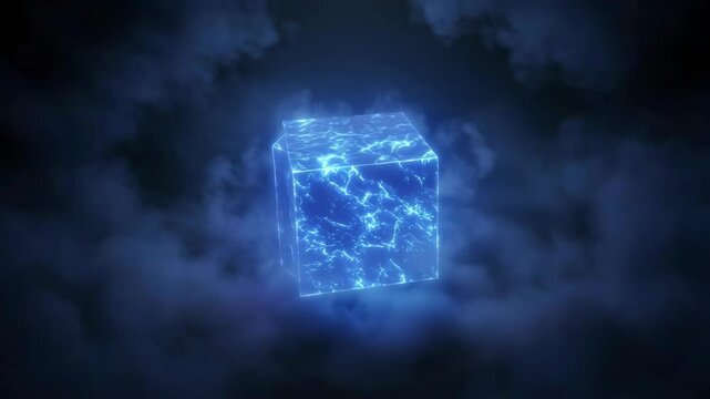 Abstract glowing blue cube in dark background