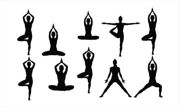 Collection of yoga poses silhouettes for wellness designs