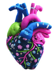 Colorful artificial heart showing arteries and veins on transparent background