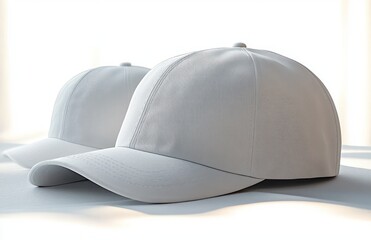 Two plain white baseball caps resting on a smooth surface with soft natural light creating gentle shadows