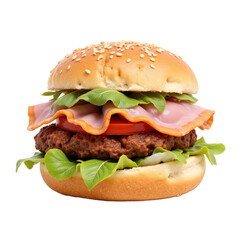 Layers of juicy lettuce, crispy tomato, crispy ham, and a tasty beef patty on a sesame bun.
