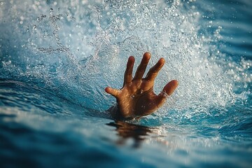 Close-up of a hand emerging from water with splashes around it, suggesting struggle or reaching out in a turbulent aquatic environment