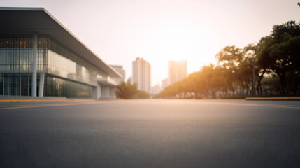 Fototapeta premium Empty road leading to a modern building with clean lines, bathed in soft afternoon light, conveying minimalist serenity.