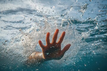 Underwater image of a hand reaching up through splashing water bubbles, conveying a sense of urgency and struggle