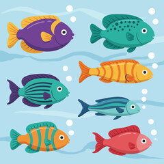 Naklejka premium Seamless pattern with cute cartoon aquatic animals, a vector illustration of a tropical fish collection for ocean life design