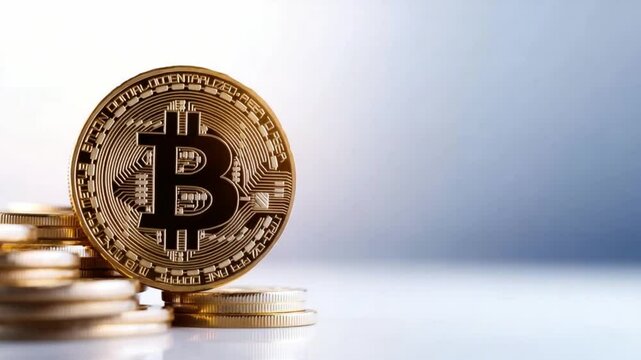 Golden Bitcoin: A gleaming golden bitcoin sits prominently, symbolizing the future of finance with a stack of cryptocurrency coins, emphasizing digital currency.