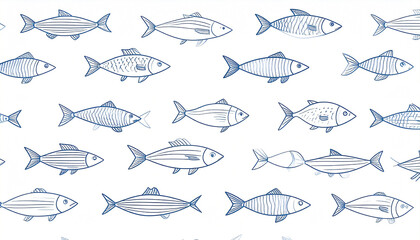 A repeating pattern of stylized blue line drawings of various small fish swimming in a horizontal direction on a white background