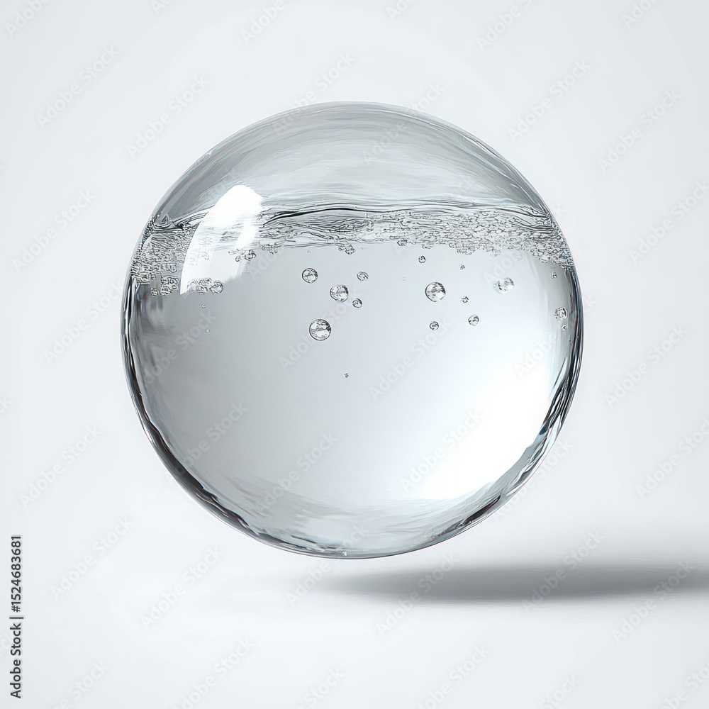 Poster transparent spherical water droplet with air bubbles inside floating above a smooth surface casting 