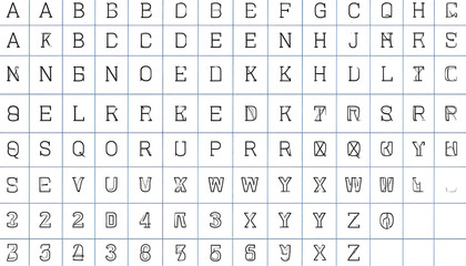 A grid displays seemingly random uppercase and lowercase letters, numbers, and symbols, arranged in a 10x10 matrix, evoking a typewriter or code aesthetic