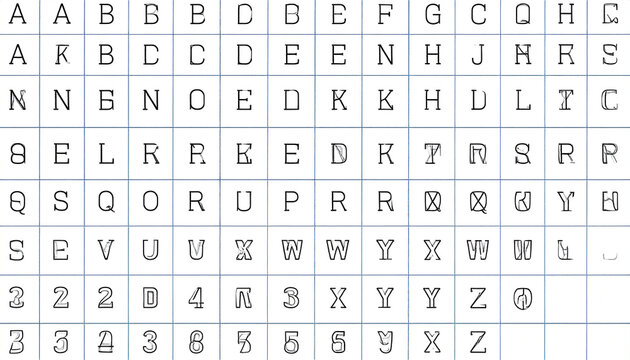 A grid displays seemingly random uppercase and lowercase letters, numbers, and symbols, arranged in a 10x10 matrix, evoking a typewriter or code aesthetic