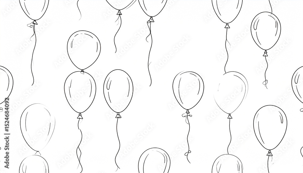 Poster a seamless pattern of hand-drawn, monochrome balloons, varying in size and arrangement, featuring si