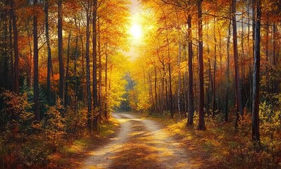 Fototapeta premium Sunlit winding dirt road through a dense forest of tall trees with vibrant autumn foliage in warm golden hues