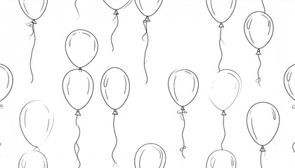 A seamless pattern of hand-drawn, monochrome balloons, varying in size and arrangement, featuring simple strings and subtle shading effects on a white background