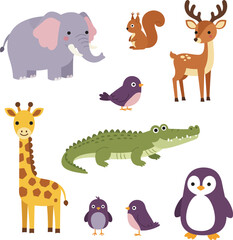 Naklejka premium Cute cartoon wild animals inculding elephant, squirel, deer, bird, giraffe, crocodile, and pinguin, flat design vector illustrations