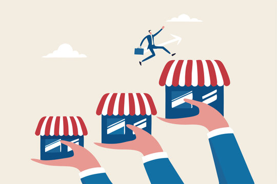 Expand storefront growing business, franchise license or business growth opportunity, marketing to improve retail store and achieve success, confidence businessman jumping on bigger franchise shop.
