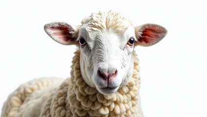Obraz premium Close up of a white sheep on plain background photo with woolly texture and pink nose for poster, cover, banner, branding, social media, and website design