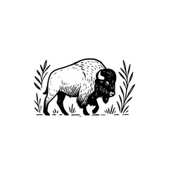 Obraz premium Wild bison vector illustration depicting rustic wildlife in nature, perfect for outdoor, adventure, and conservation themes. High-quality, black and white artwork for diverse designs.