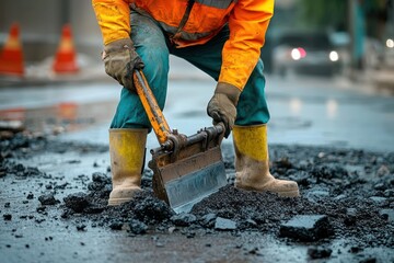 Construction worker wearing orange safety jacket and yellow boots using a shovel to spread asphalt on a wet road with traffic cones in the background