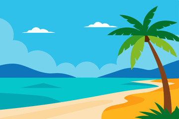 Obraz premium Tropical palm trees line a sandy beach with the sea under a summer sky