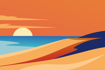 Tropical summer sunset over a sandy beach with ocean waves and palm trees