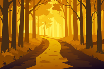 Autumn trees and fall foliage create a vibrant landscape in the park forest, with yellow leaves covering the path and rural road