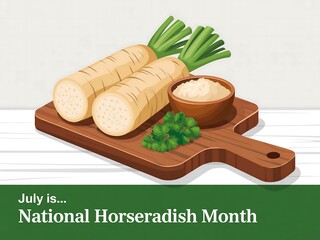 Celebrating National Horseradish Month in July Fresh Roots Sauce and Parsley on a Wooden Cutting Board