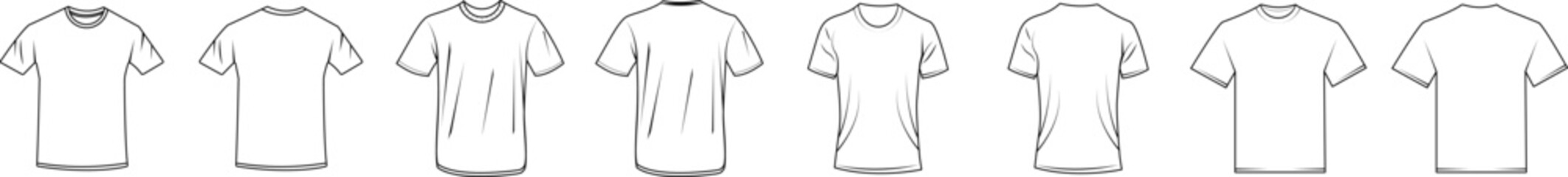 Set of white t-shirt front and back view template design. Blank shirt outline on transparent background. Tshirt icon. 