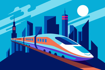 Fototapeta premium Vector illustration of urban train travel with city architecture and transport symbols
