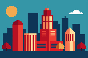 Obraz premium Red night city skyline with industrial buildings and urban architecture illustration