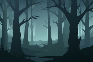 Misty morning forest landscape with dark trees and a hint of sun through the autumn fog