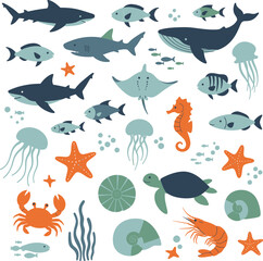 Flat design vector illustrations, ocean animals with fish, seahorse, turtle, and many more © Isha