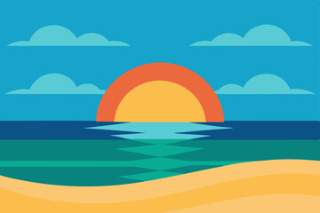 Obraz premium Tropical beach landscape with sun, sea, sand, and sky, perfect for a summer vacation illustration